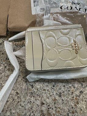Coach Cream Patent Mini Card Case Crossbody with Gold Logo Chain